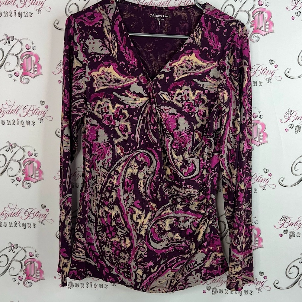 Coldwater Creek Women's Pink and Cream Paisley Blouse stretchy long sleeve